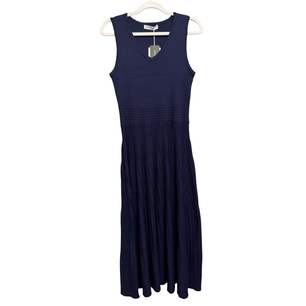 PrettyGarden Navy Blue V-Neck Ribbed Knit Pleated Midi Sweater Dress Large NWT